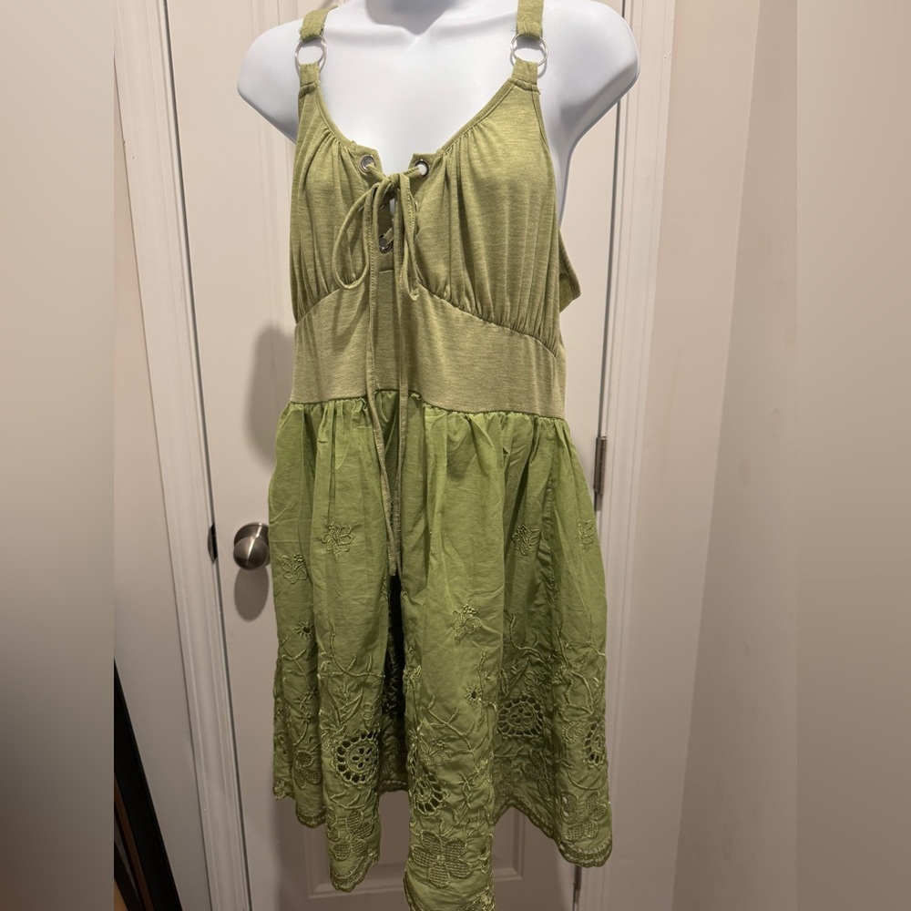 Flower Embroidery Mini Dress O Ring Straps Lace-up A Line Dress Sleeveless.